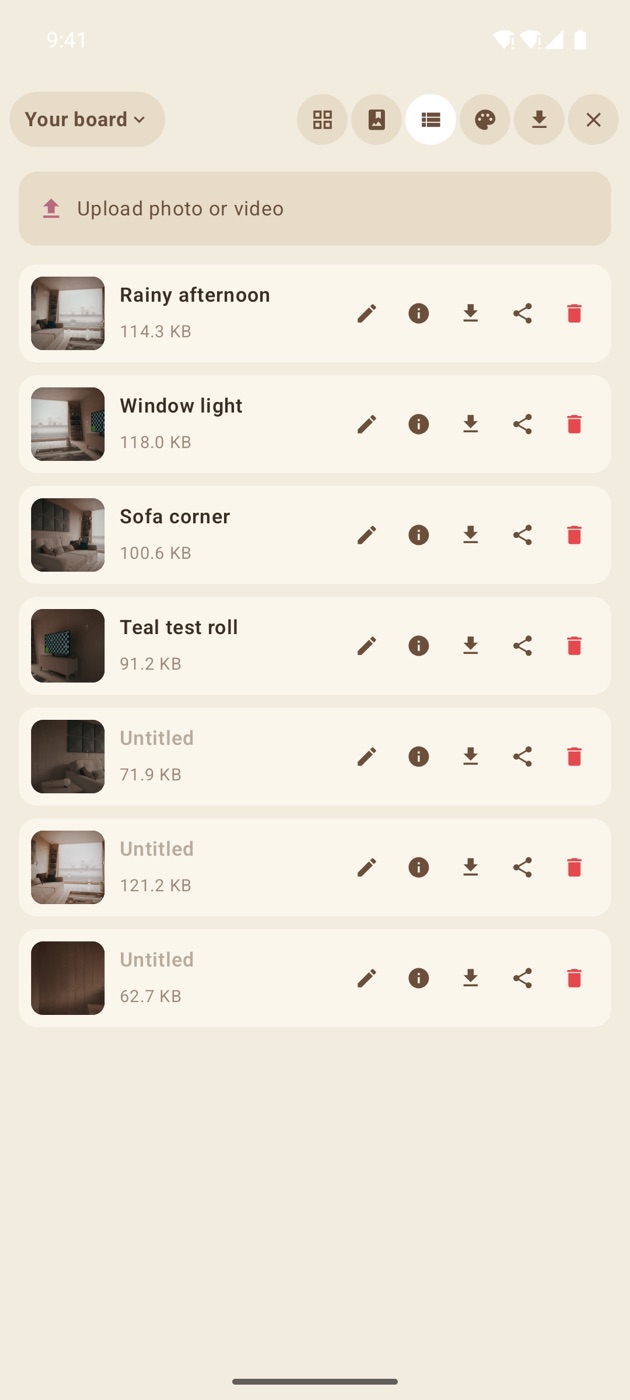 The list view — rename, info, save, share, delete, upload.
