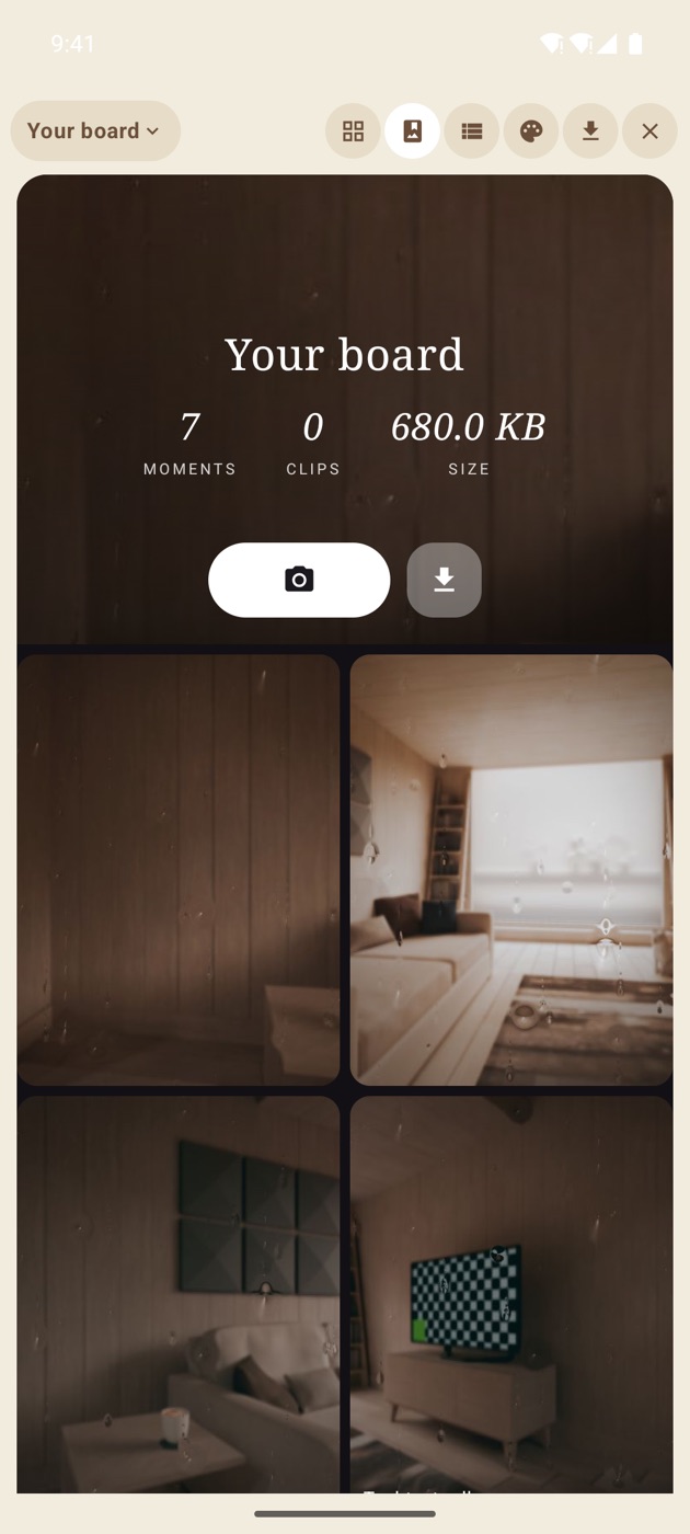The album view — cover hero with stats over a masonry feed.