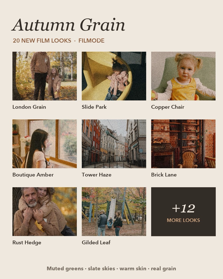 Eight photos graded with Autumn Grain looks — London Grain, Slide Park, Copper Chair, Boutique Amber, Tower Haze, Brick Lane, Rust Hedge and Gilded Leaf.