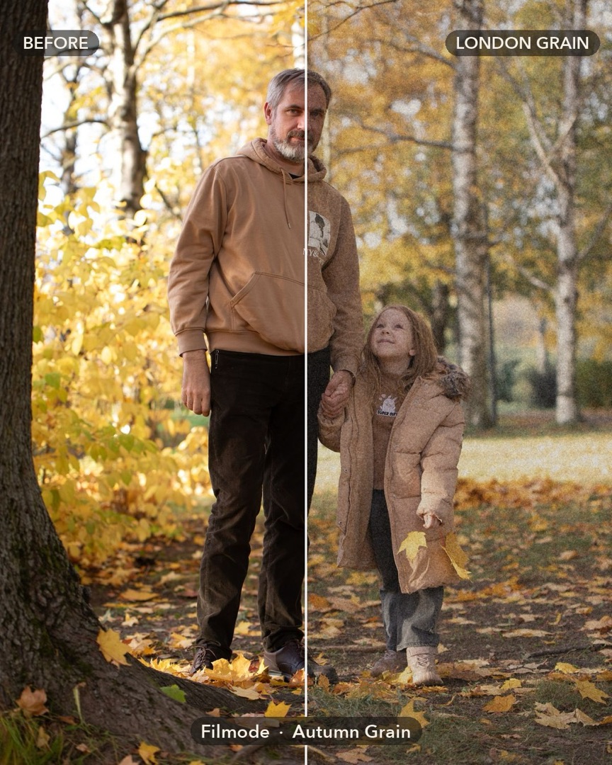 London Grain on an autumn street: before on the left, the look on the right.
