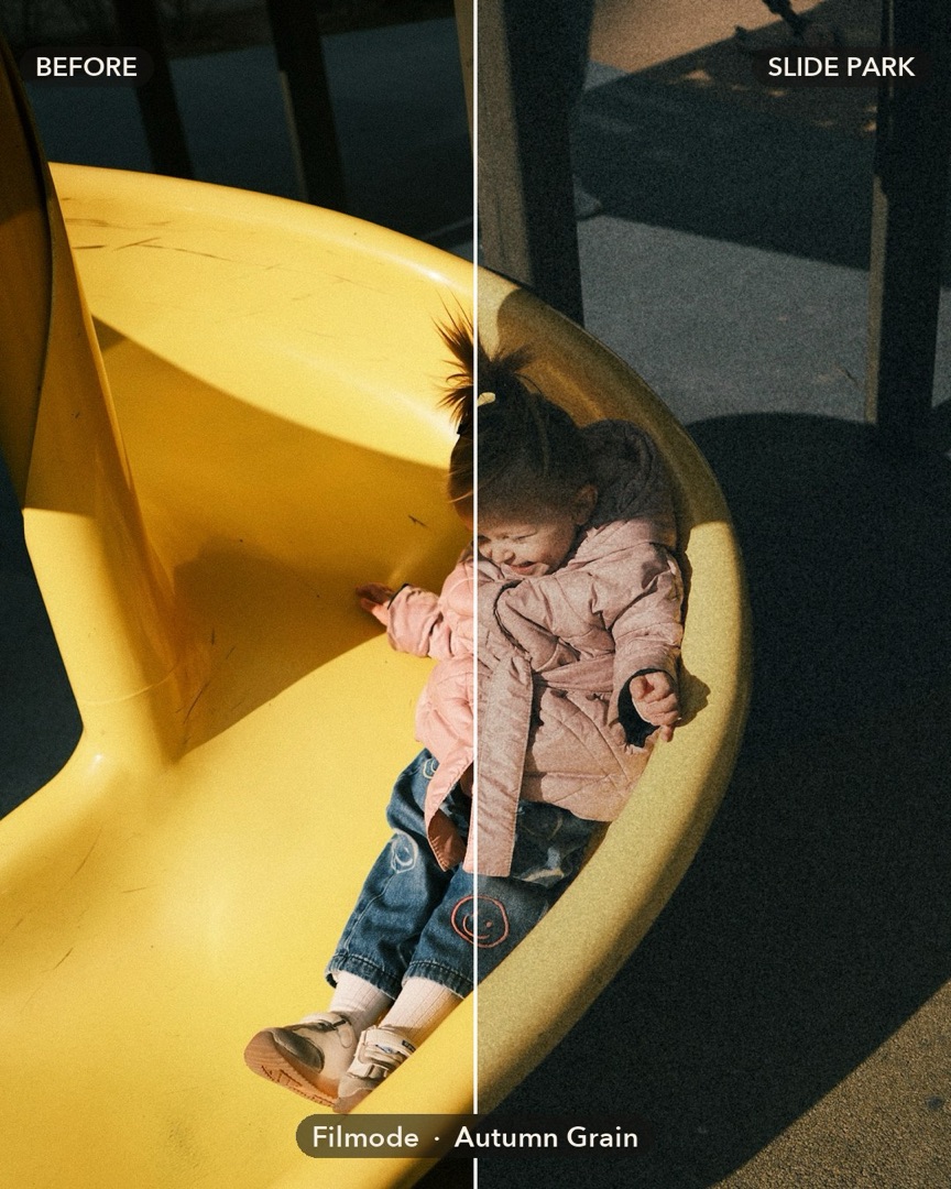 Slide Park on a child on a yellow slide: before and after.