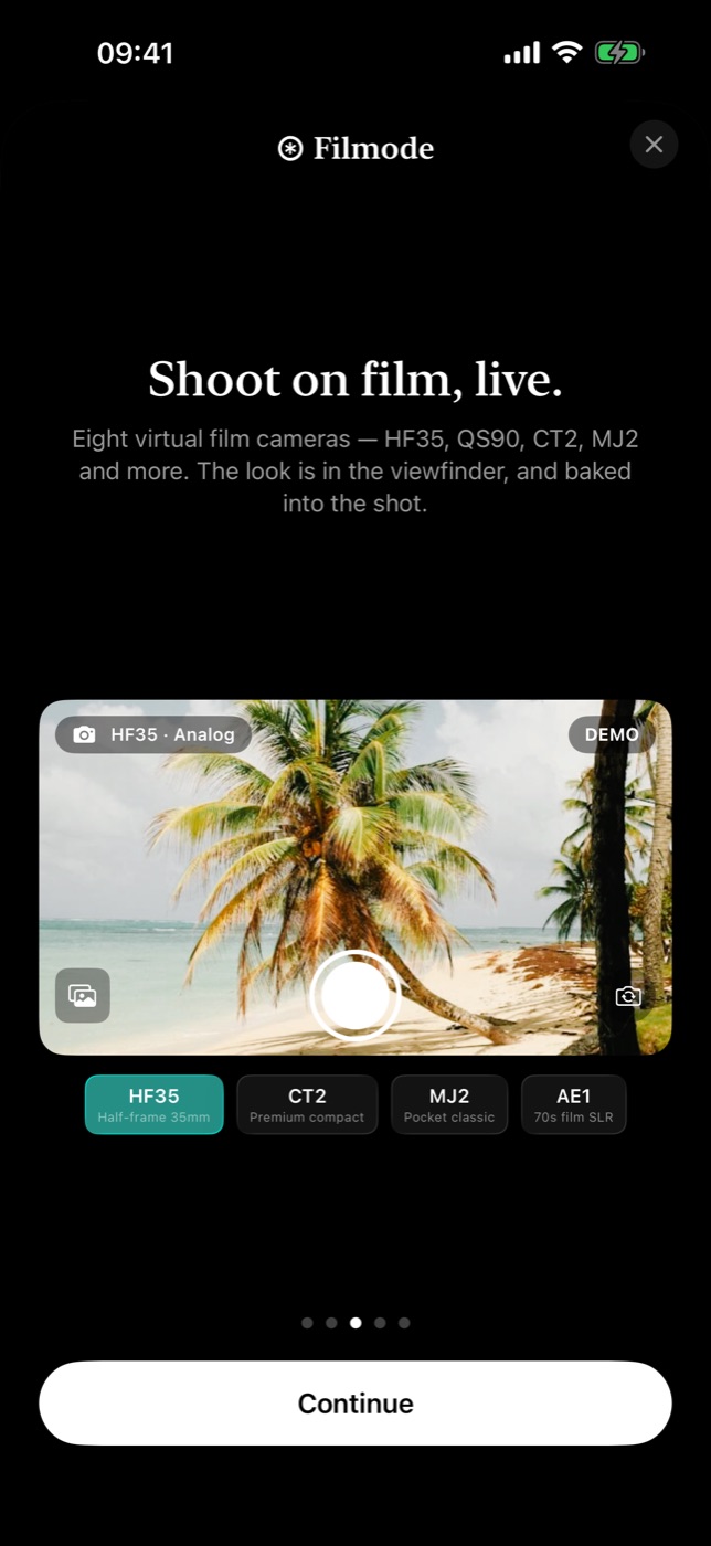Page three previews the live LUT camera; page four hands you a real adjustment slider.
