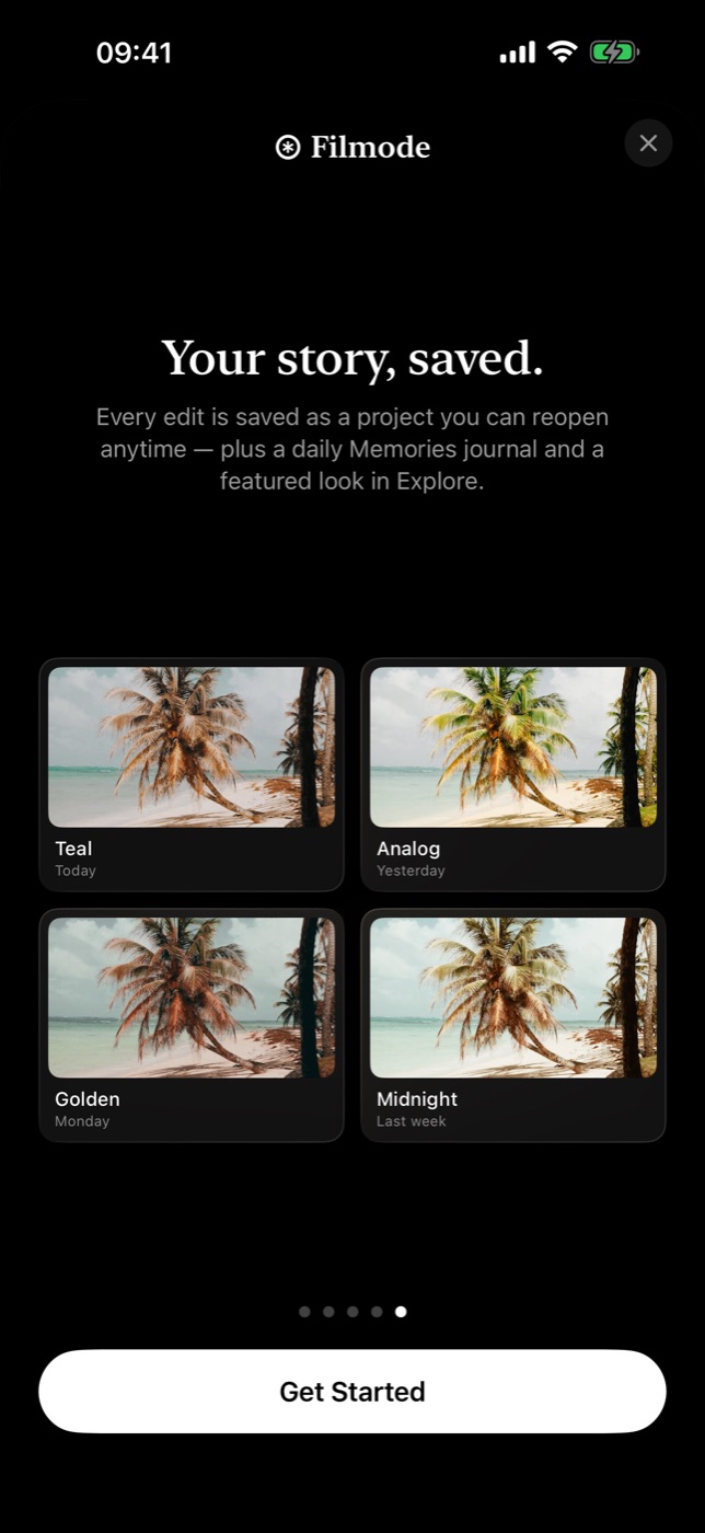The projects grid — every session, auto-saved, reopenable with all filters intact.