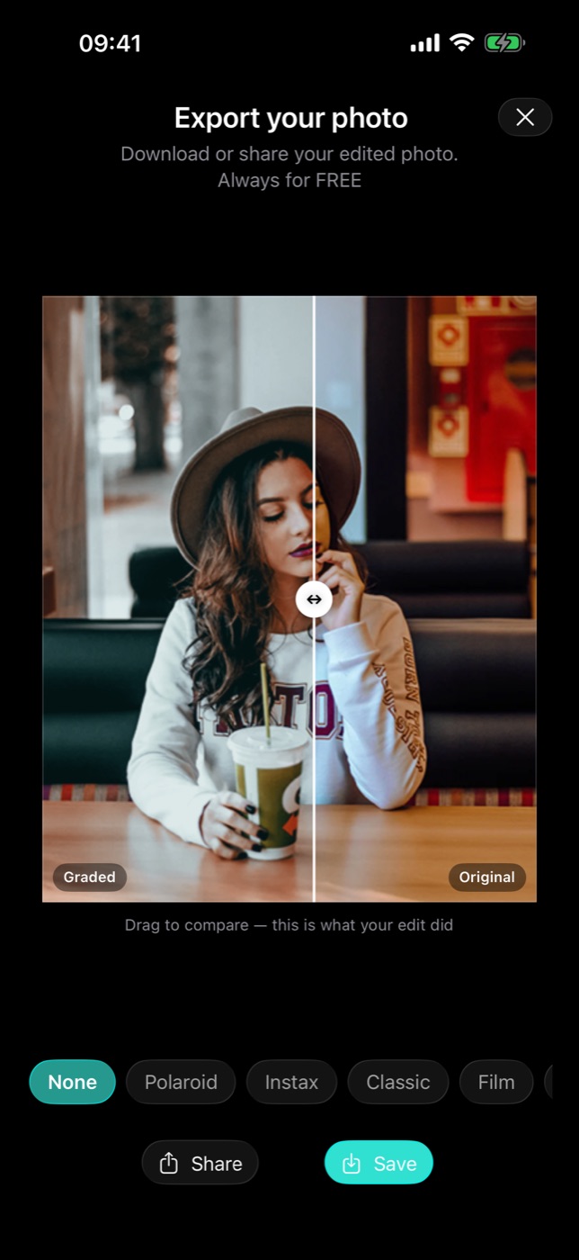 Export — drag the handle to compare graded against original.