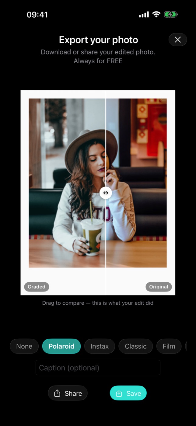 The Polaroid frame with the caption field ready.