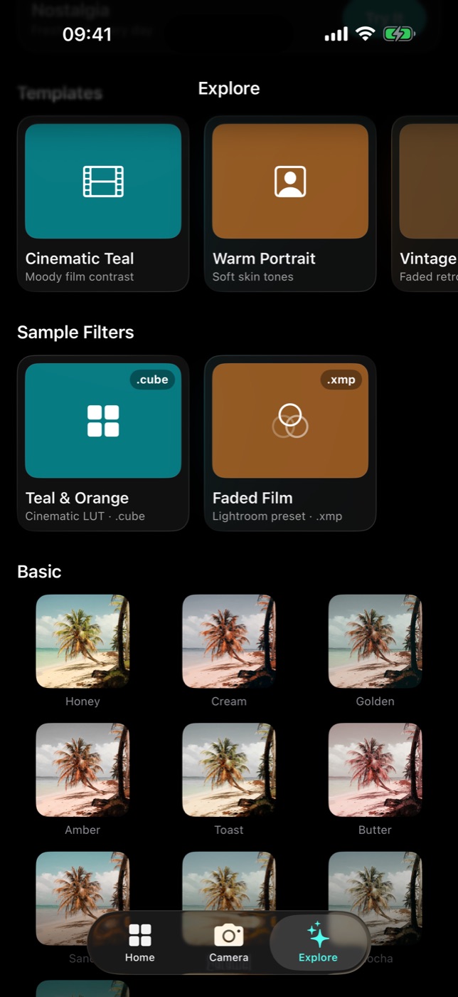 Explore — template, bộ lọc mẫu, và mọi LUT render trên cùng một ảnh.
