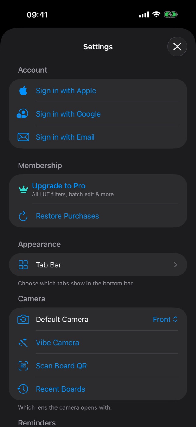 Settings — account, membership, tab bar, camera defaults.