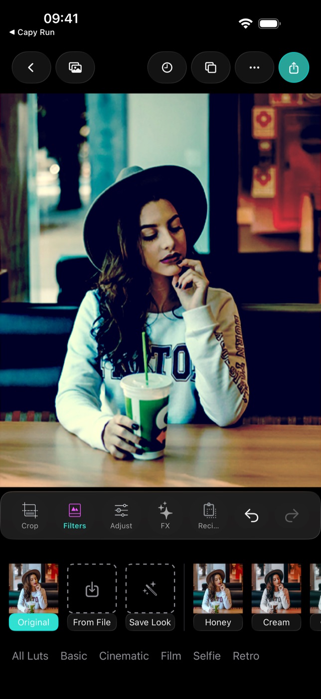 The Filters strip on a graded photo — the new Save Look tile sits right after From File.