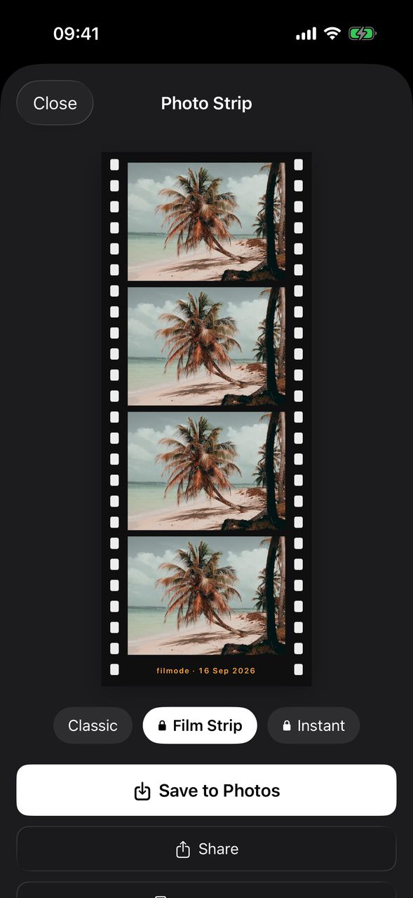 The same four-frame strip on the Film Strip paper, black with sprocket holes down both sides.