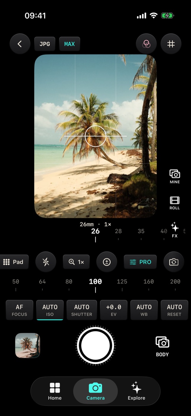 The Filmode camera with the PRO panel open: a focal-length ruler at 26mm, an ISO ruler, and a row of cells reading AF, AUTO ISO, AUTO shutter, +0.0 EV, AUTO WB and RESET.