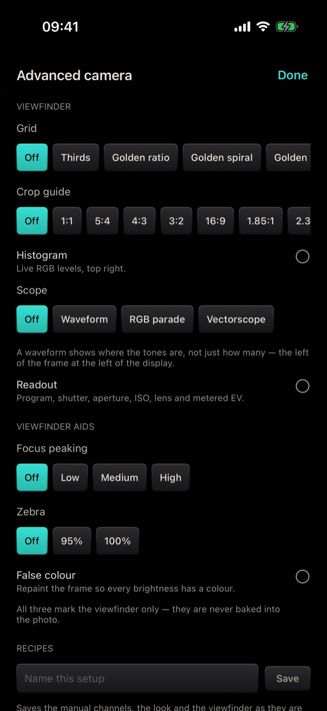 The Advanced camera sheet: Viewfinder section with Grid, Crop guide, Histogram, Scope and Readout, then Viewfinder aids with Focus peaking, Zebra and False colour.