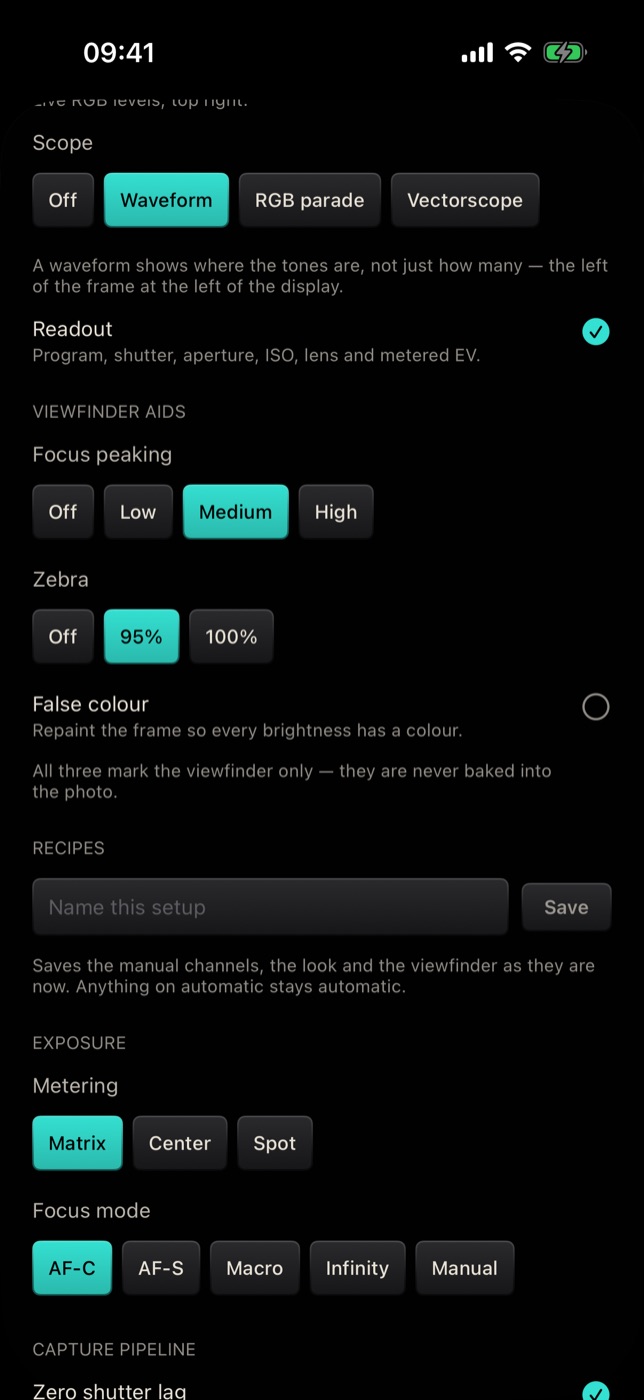 The Recipes section before saving: an empty Name this setup field, the note that anything on automatic stays automatic, and the Exposure section with Metering and Focus mode below.