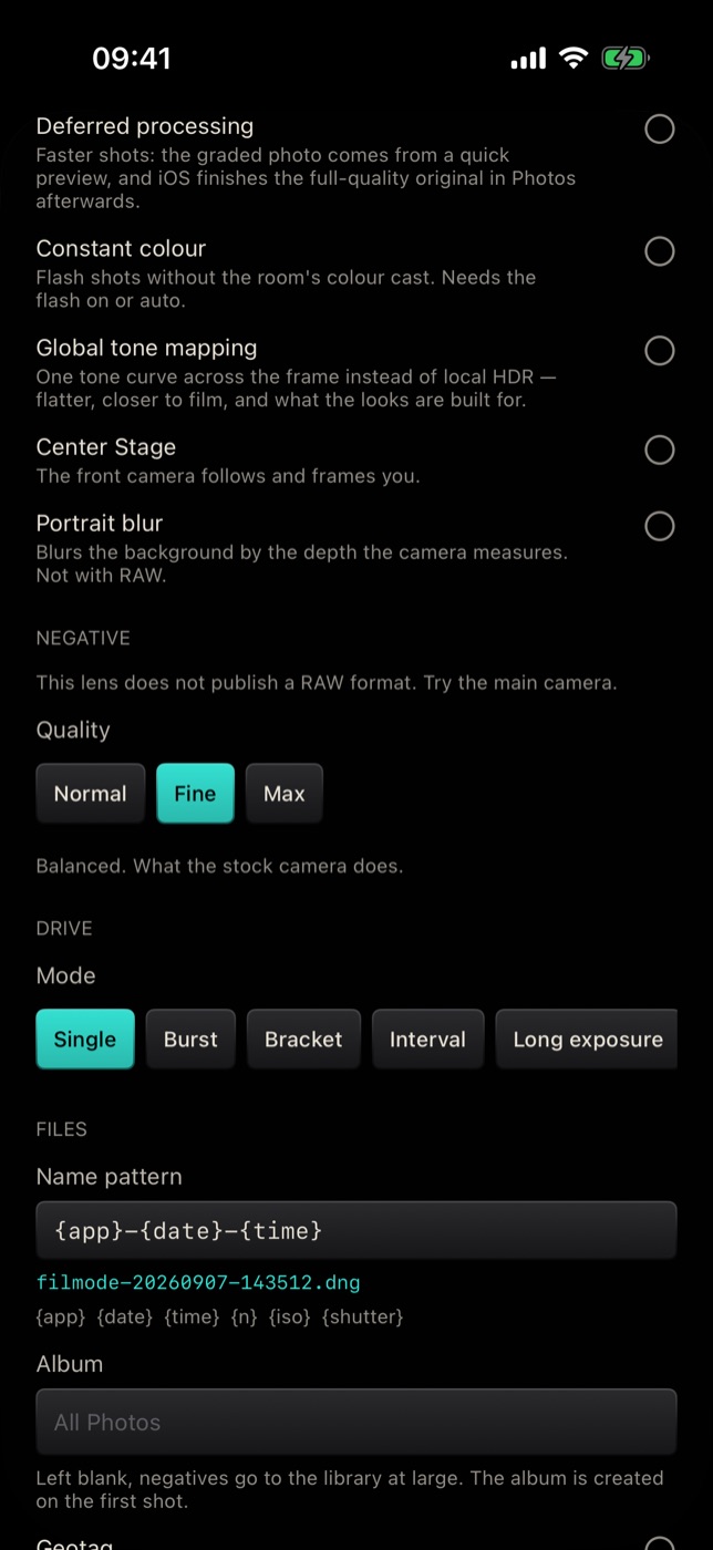 The Capture pipeline switches — Deferred processing, Constant colour, Global tone mapping, Center Stage and Portrait blur — above the Negative and Drive sections.