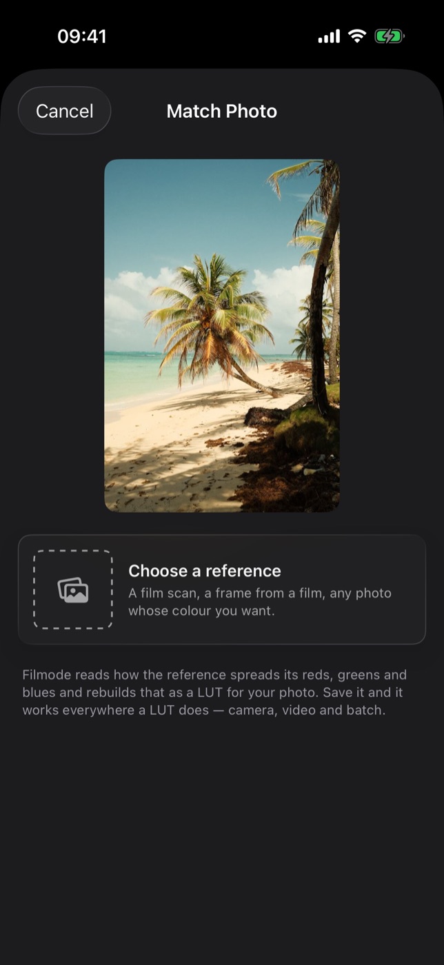 The Match Photo sheet before a reference is picked: the unedited beach photo above a Choose a reference row.