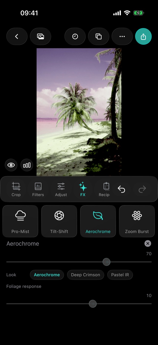 A beach photo with Aerochrome at 70: the sky and sea shift to lilac and pink and the palms go pale, above the Aerochrome, Deep Crimson and Pastel IR look chips and the Foliage response slider.