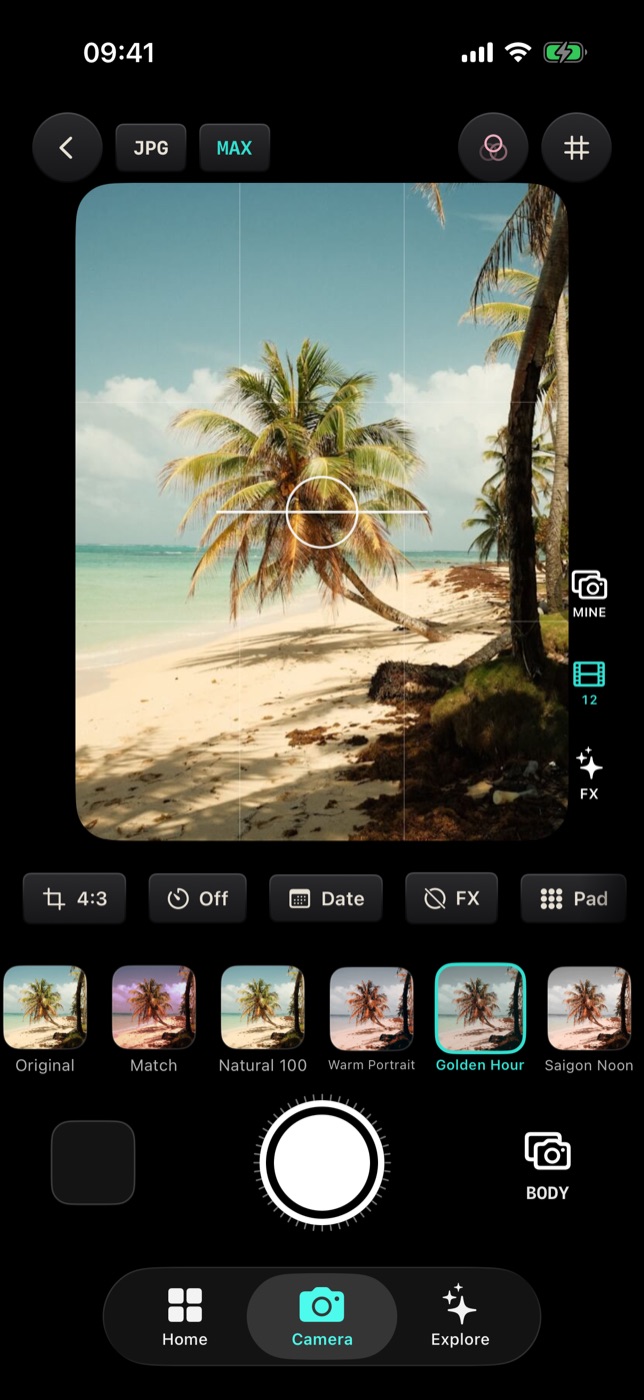 The Filmode camera with a roll loaded: the ROLL button in the right column now reads 12 frames left.