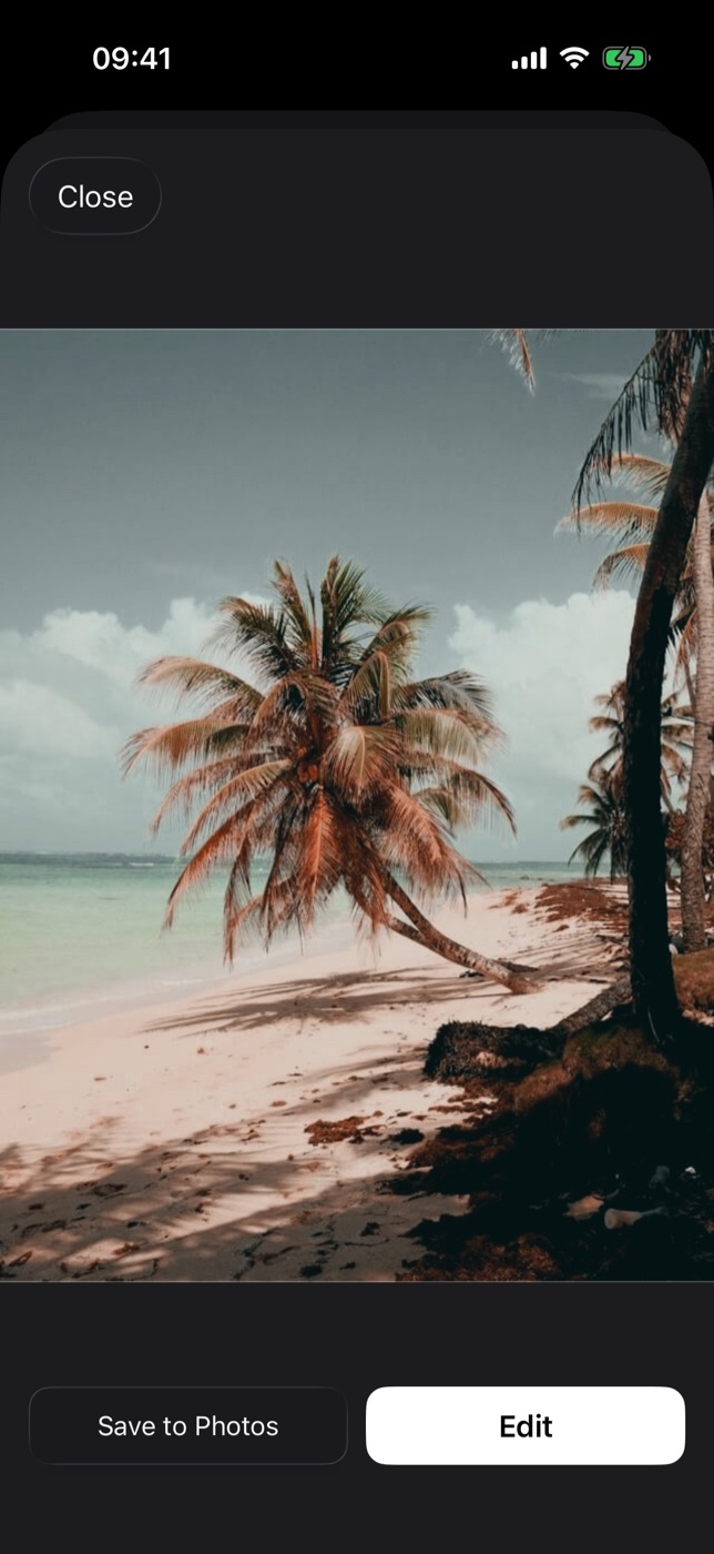 A single frame from the roll shown full screen with Close, Save to Photos and Edit buttons.