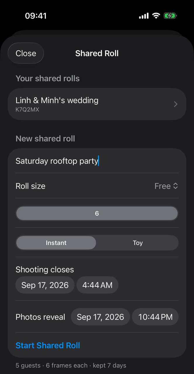 The New shared roll form filled in for a party: roll size Free, six frames per guest, the Instant camera, the Shooting closes and Photos reveal times, and Start Shared Roll.