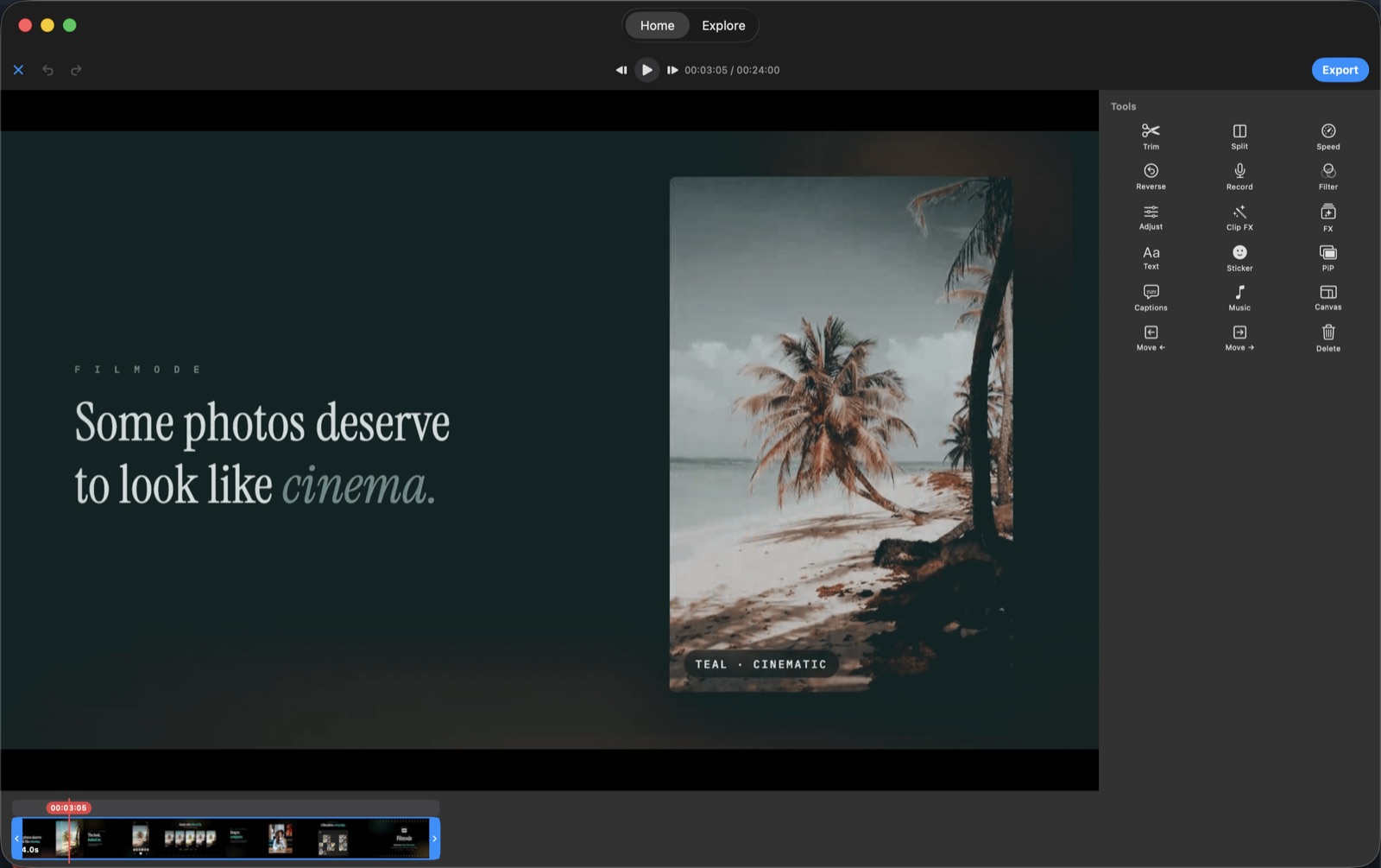 Video Studio in the Mac window — full-width timeline under the player.